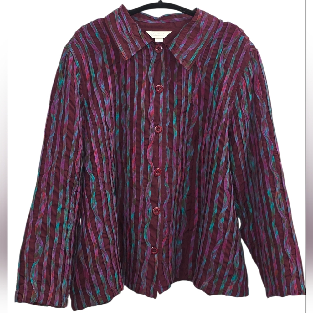 CJ Banks Crinkle Textured Button Front Burgundy Jewel Tone Shacket 1X